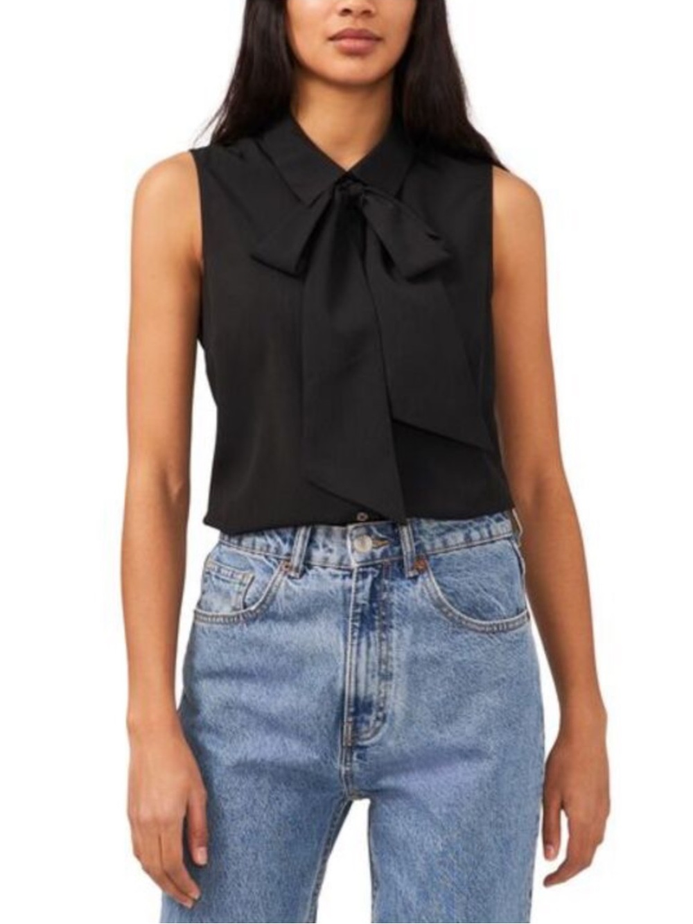 CeCe Black Sleeveless Georgette Bow Tie Neck Button Up Collared Blouse XS NWT